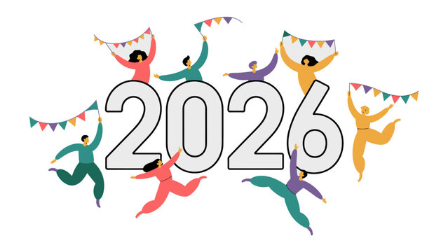 2026 Celebration: A jubilant depiction of the year 2026, where a diverse group of people joyfully decorate and celebrate with colorful pennants.