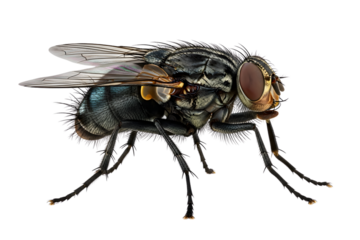 Extreme close up macro photograph of a housefly insect on black background