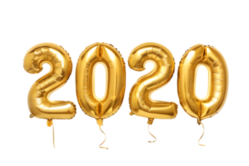 Golden number balloons displaying the year 2020 against a black background