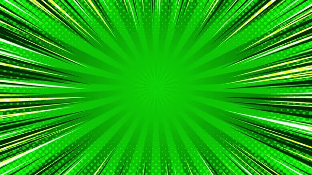 Green comic book background with radial speed lines and halftone dots for a dynamic effect 4k video