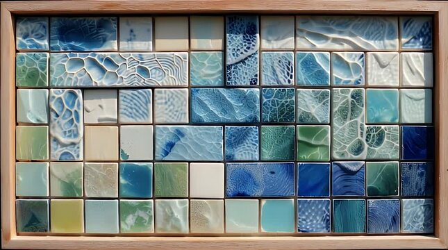 A mosaic of glazed tiles in a wooden frame. Each tile, mostly square, showcases varying textures and shades of blue, green, and white. The intricate details evoke natural elements