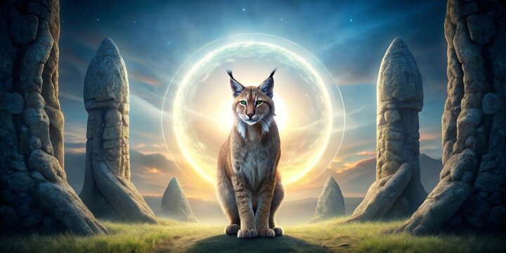 A majestic lynx sits serenely before a luminous celestial orb, framed by ancient, enigmatic stone monoliths at sunset in a mystical landscape