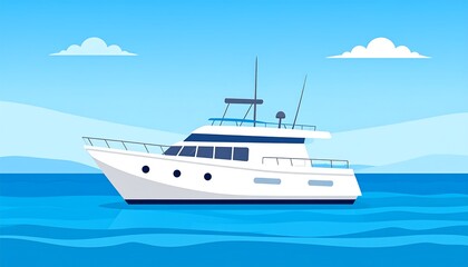 Fototapeta premium Cartoon-style illustration of a white yacht cruising on calm blue water