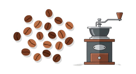 Vintage Coffee Grinder and Roasted Coffee Beans Illustration.