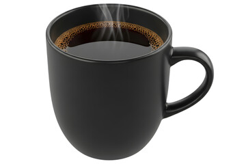 Steaming hot coffee in a black mug on a black background