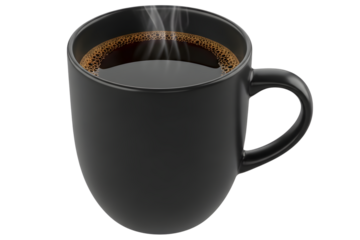 Steaming hot coffee in a black mug on a black background