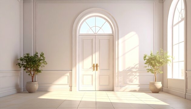 Elegant white foyer with arched double doors bathed in warm natural sunlight casting geometric shadows on the floor with potted trees on each side and ornate window detail above