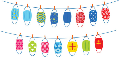 Colorful face masks hanging on clothesline, diverse patterns, clothespins, health theme, cad drawing flat vector illustration