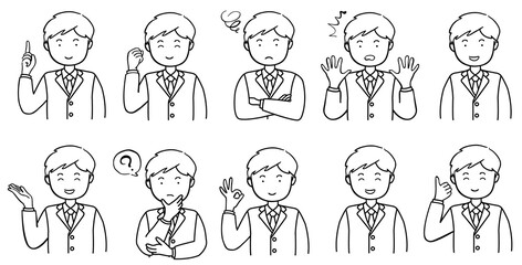 Naklejka premium ポーズをとる若い男性のイラストセット 1色