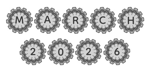 A modern badge with soft gray ripple contours and floral-wave edges featuring the text “March 2026.” Suitable for monthly graphics, calendars, and creative layouts.