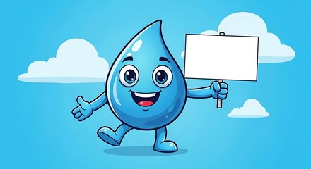 Happy Water Drop Cartoon Character Holding a Blank Sign.