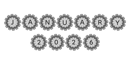 A stylish gray ripple-edged floral emblem containing the text “January 2026.” Perfect for calendar sets, New Year graphics, and digital promotional materials.