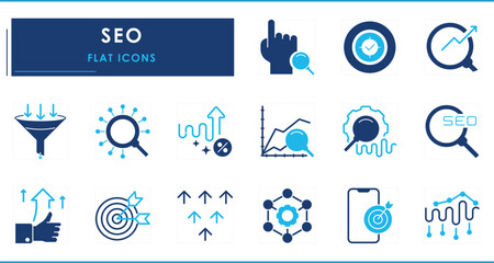 A set of flat icons related to SEO. Search engine optimization, Lens, target, business, graph, research, analysis, and so on.