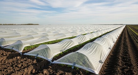 Expansive farmland with protective crop netting shelters young plants © photoplotnikov
