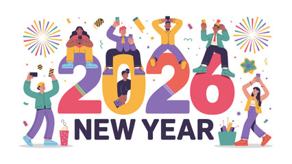 Vibrant New Year Celebration: A cheerful and diverse group celebrates the dawn of a new year, surrounded by festive elements like fireworks and confetti. 