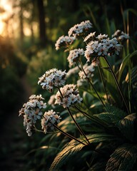 Beautiful White Flowers in Forest at Sunset