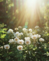 Beautiful White Flowers in Sunlit Forest Garden