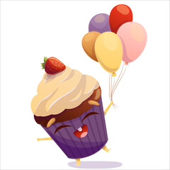 Vector illustration of a cheerful cake holding balloons. Cake, character, holiday, vector, joy, fun, balloons, birthday