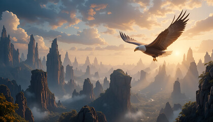 Bird Flying Over Mountains at Sunset