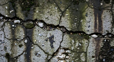 Cracked Concrete Wall with Moss and Water Stains.