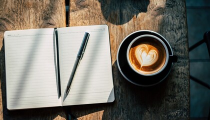 A heart latte coffee sits beside an open journal and a pen on a rustic wooden table