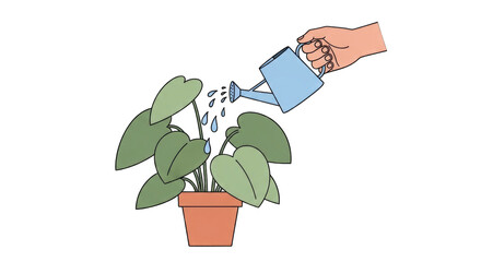 Watering a potted plant with a blue watering can nurturing life.