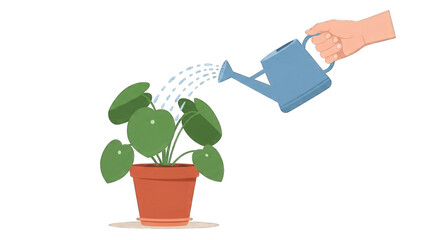 Watering a Potted Plant with a Blue Watering Can.