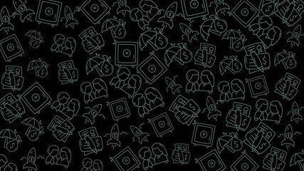 A seamless animated pattern showcasing a collection of line art icons representing social media, communication tools, and digital interfaces in monochrome style. - Powered by Adobe