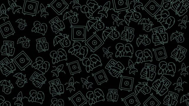 A seamless animated pattern showcasing a collection of line art icons representing social media, communication tools, and digital interfaces in monochrome style.