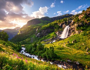 A scenic mountainous landscape features a cascading waterfall, vibrant green vegetation, and a winding stream under a dramatic sunset