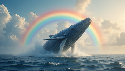 Whale Jumping Under Rainbow Sky
