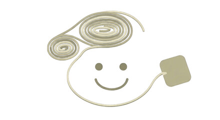 Whimsical smiling face character created with a coiled teabag string.