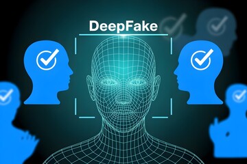 Deepfake technology concept showing a wireframe face with checkmarks representing artificial intelligence and digital identity