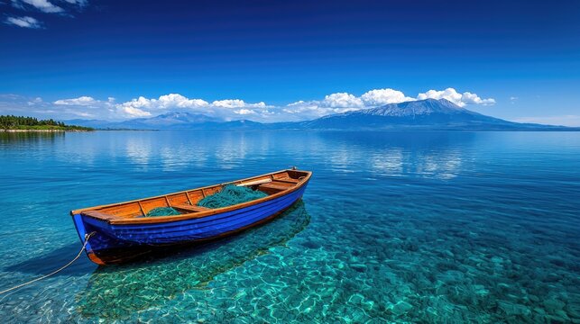 Serene Lake Scene with Boat and Distant Mountains.
