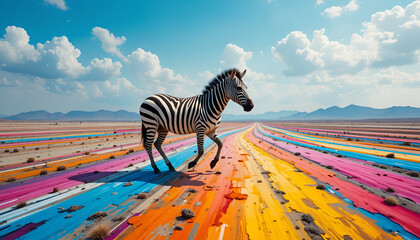 Zebra Running on Colorful Painted Road