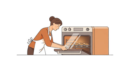 Woman baking cookies in an oven at home kitchen.