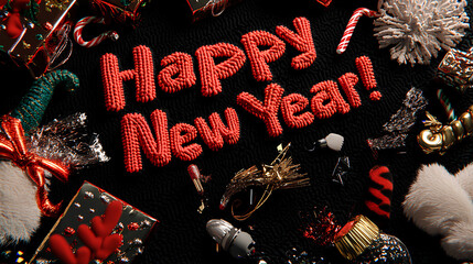 Happy new year message surrounded by festive decorations in bold textured 3d style