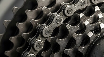 Bicycle chain and gears with water drops close up