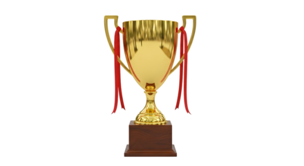 Golden trophy with red ribbons isolated on transparent background