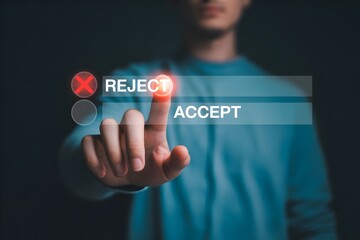 Person selecting reject option on a digital interface concept for decision making choice and denial