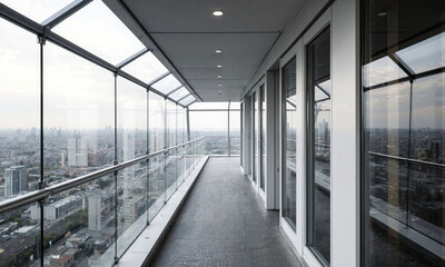 Skybridge Interior. A modern, glass-walled pedestrian skybridge connecting two buildings. The view shows a blurred, futuristic cityscape outside. The interior