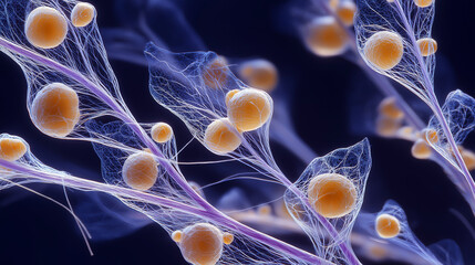 mycelial. A macro view of an underwater microbial mat as a glowing, electric-blue mycelial network. STEM education sheets, lab safety posters, designed for biotech research communications.