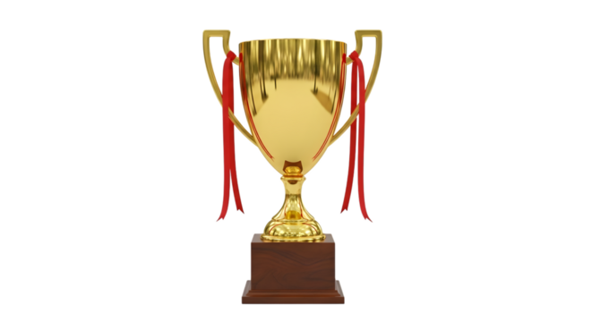 Golden trophy with red ribbons isolated on transparent background