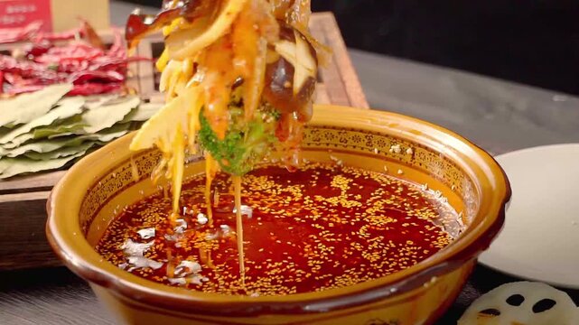 Sichuan Hot Pot with Seafood Skewers and Spicy Chili Oil Broth Traditional Chinese Cuisine