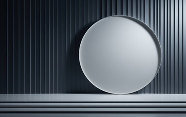 Minimalist and modern background with circular podium featuring dark blue wall with vertical stripes and large gray circle