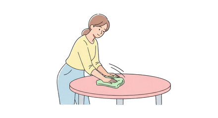 Woman cleaning a pink round table with a green cloth illustrating household chores and cleanliness.