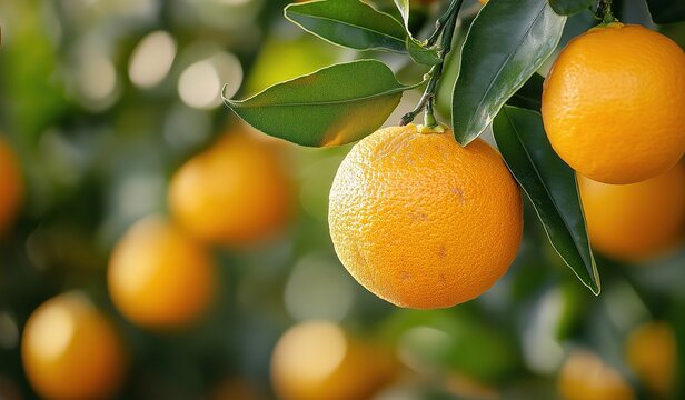 Close up of oranges hanging on tree with blurred background focusing on juicy citrus fruit in natural orchard environment