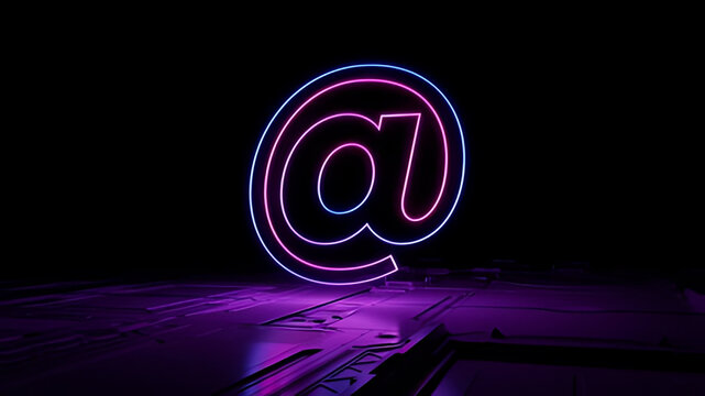 Pink and Blue Email Technology Concept with @ symbol as a neon light. Vibrant colored icon, on a black background with high tech floor. 3D Render