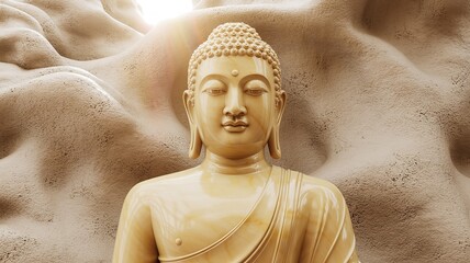 Artistic Buddha Statue Surrounded by Geometric Shapes Symbolizing Harmony, Peace, and Spirituality