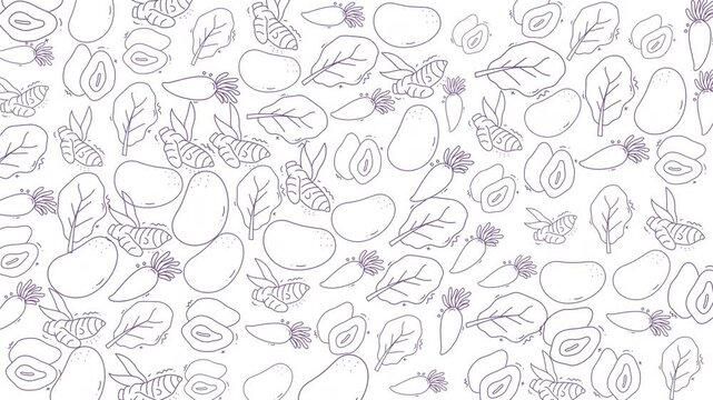An elegant seamless pattern featuring hand-drawn fruits, leaves, and flowers suitable for natural and botanical-themed projects and backgrounds.